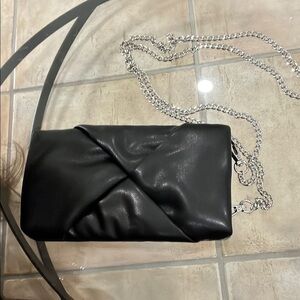 Black and Silver Leather Clutch with Chain Strap